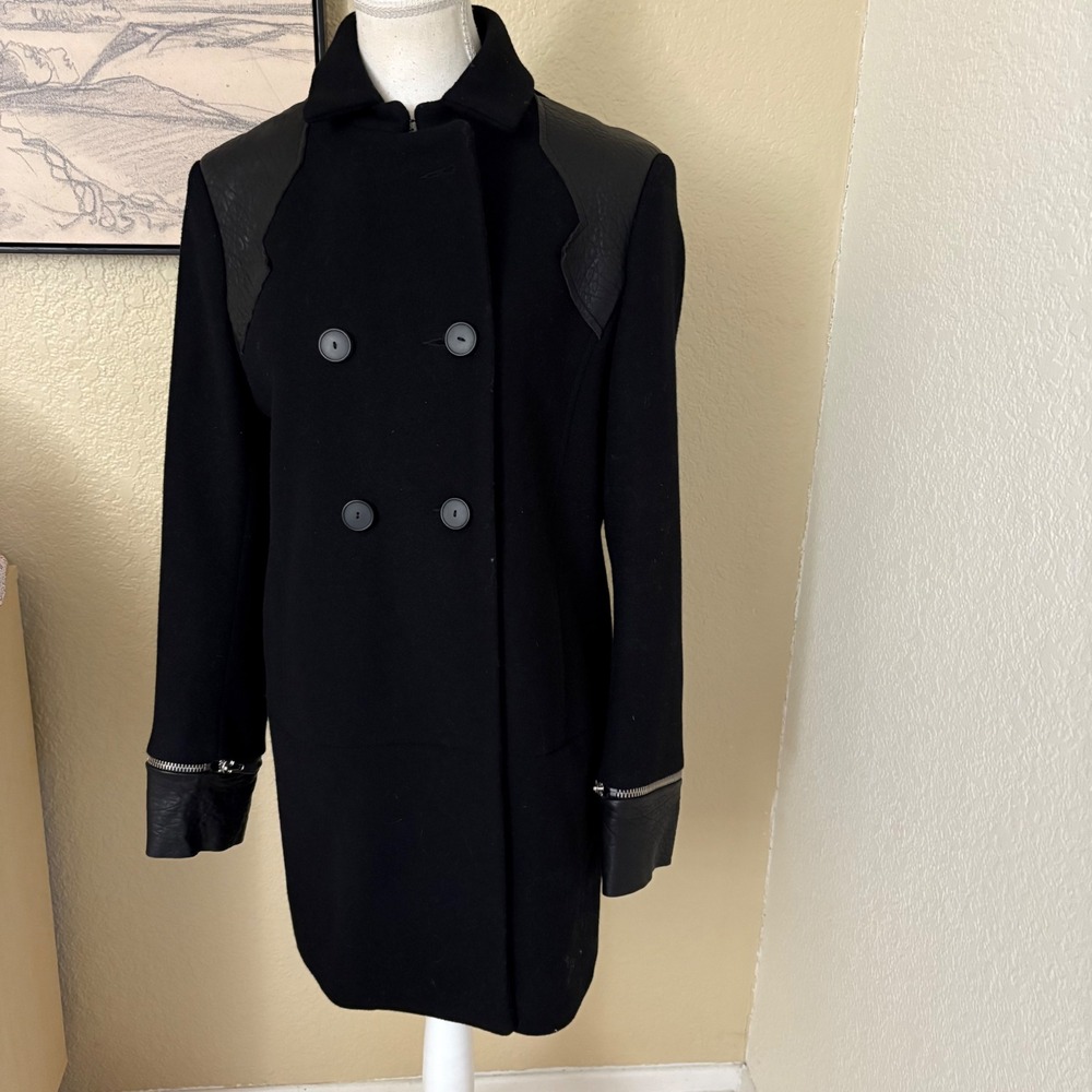MAJE Daho double breasted Peacoat‎ Black  wool-cashmere blend leather trim Sz 40 - Picture 2 of 11